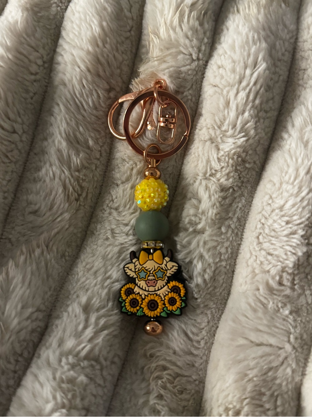 Yellow Sunflower Cow Charm Keychain with Rose Gold Hardware